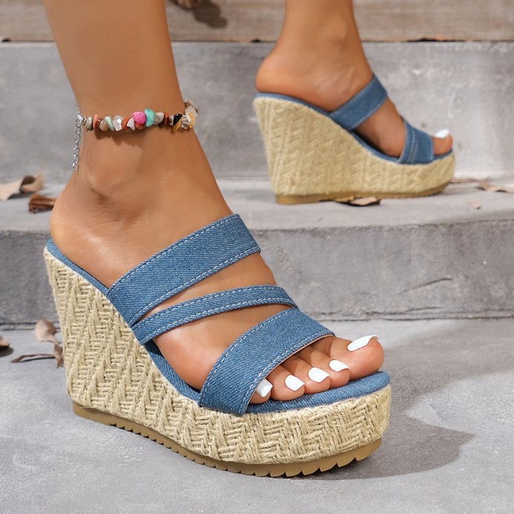 Wedge Thick-Soled Sandals For Women 2025 Large Size Denim Nine Style One-Strap Sandals For Women Manufacturer - Image 4