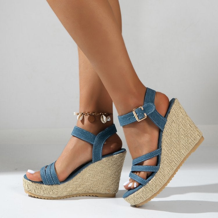 Wedge Thick-Soled Sandals For Women 2025 Large Size Denim Nine Style One-Strap Sandals For Women Manufacturer - Image 5