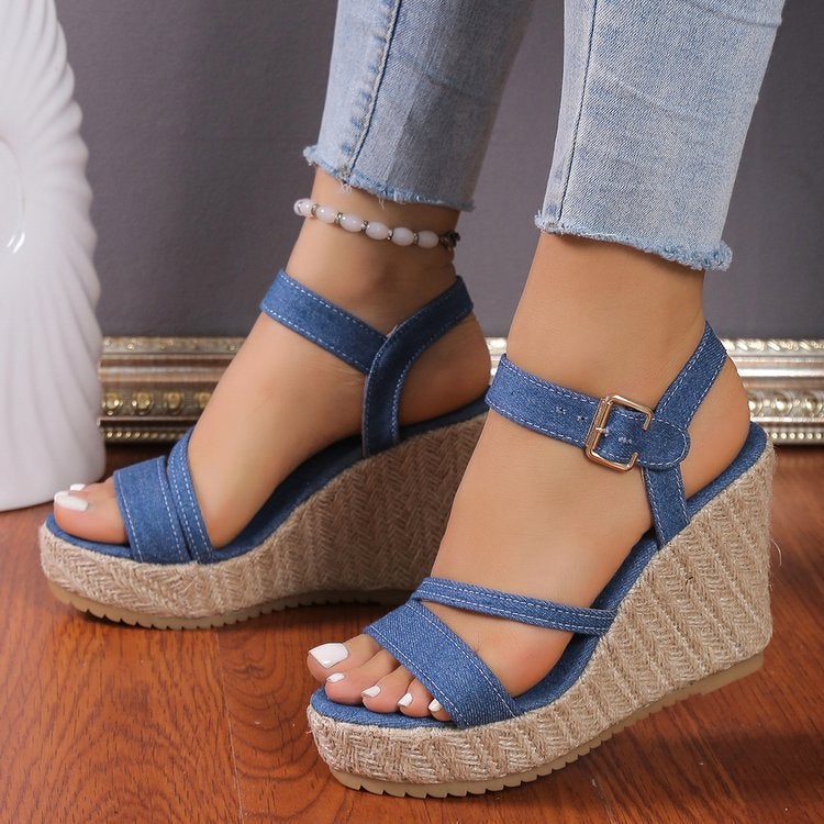 Wedge Thick-Soled Sandals For Women 2025 Large Size Denim Nine Style One-Strap Sandals For Women Manufacturer - Image 1