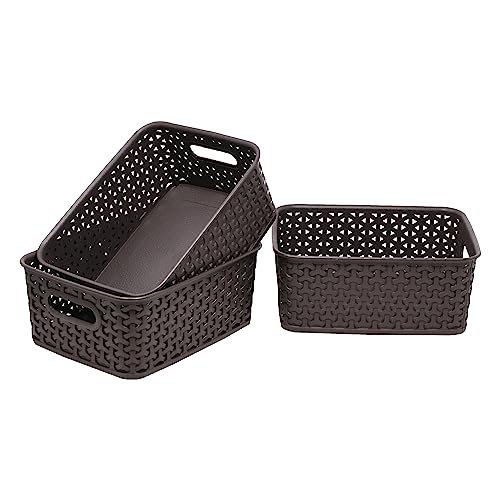 Bel Casa Royal Basket Small (Pack of 3) Multipurpose Plastic Storage Rectangular Baskets For Cosmetics Stationary Wardrobe Kitchen Washrooom & Livingroom I DARK BROWN - Image 1
