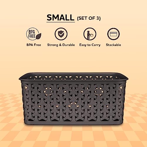 Bel Casa Royal Basket Small (Pack of 3) Multipurpose Plastic Storage Rectangular Baskets For Cosmetics Stationary Wardrobe Kitchen Washrooom & Livingroom I DARK BROWN - Image 5