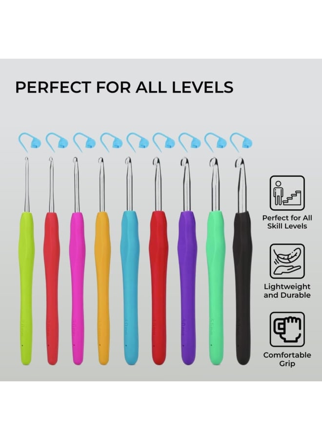 Crochet Hooks Set 9pcs Aluminium Soft Grip Rubber Handle Needles with 12 Knitting Crochet Locking Stitch Markers 2mm 2.5mm 3mm 3.5mm 4mm 4.5mm 5mm 5.5mm 6mm - Image 3