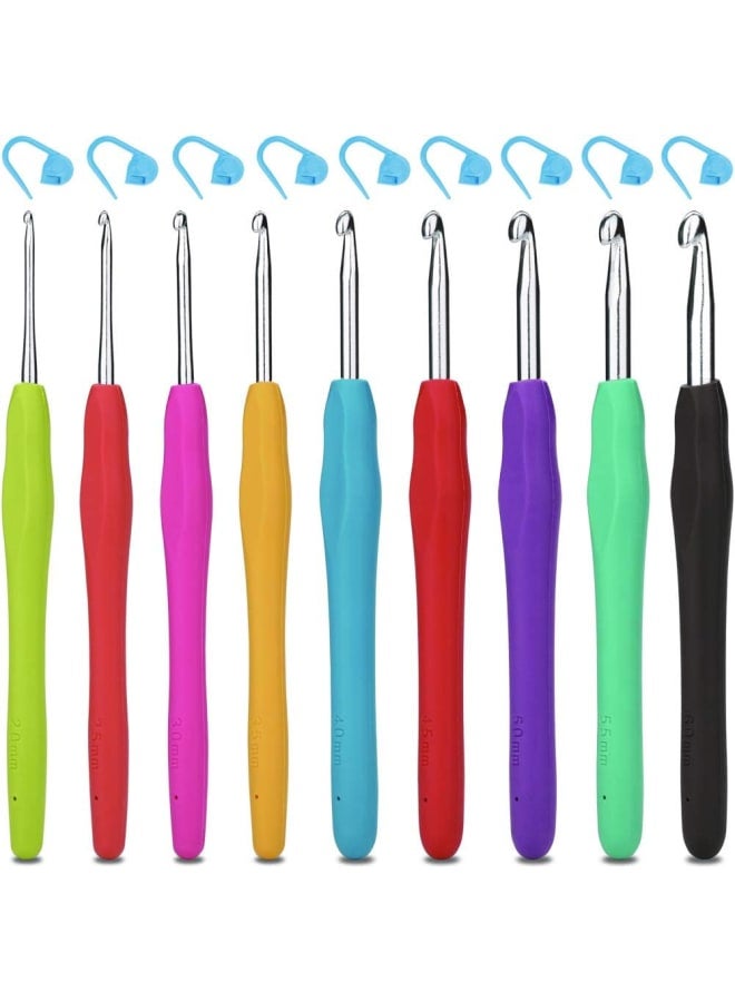 Crochet Hooks Set 9pcs Aluminium Soft Grip Rubber Handle Needles with 12 Knitting Crochet Locking Stitch Markers 2mm 2.5mm 3mm 3.5mm 4mm 4.5mm 5mm 5.5mm 6mm - Image 1