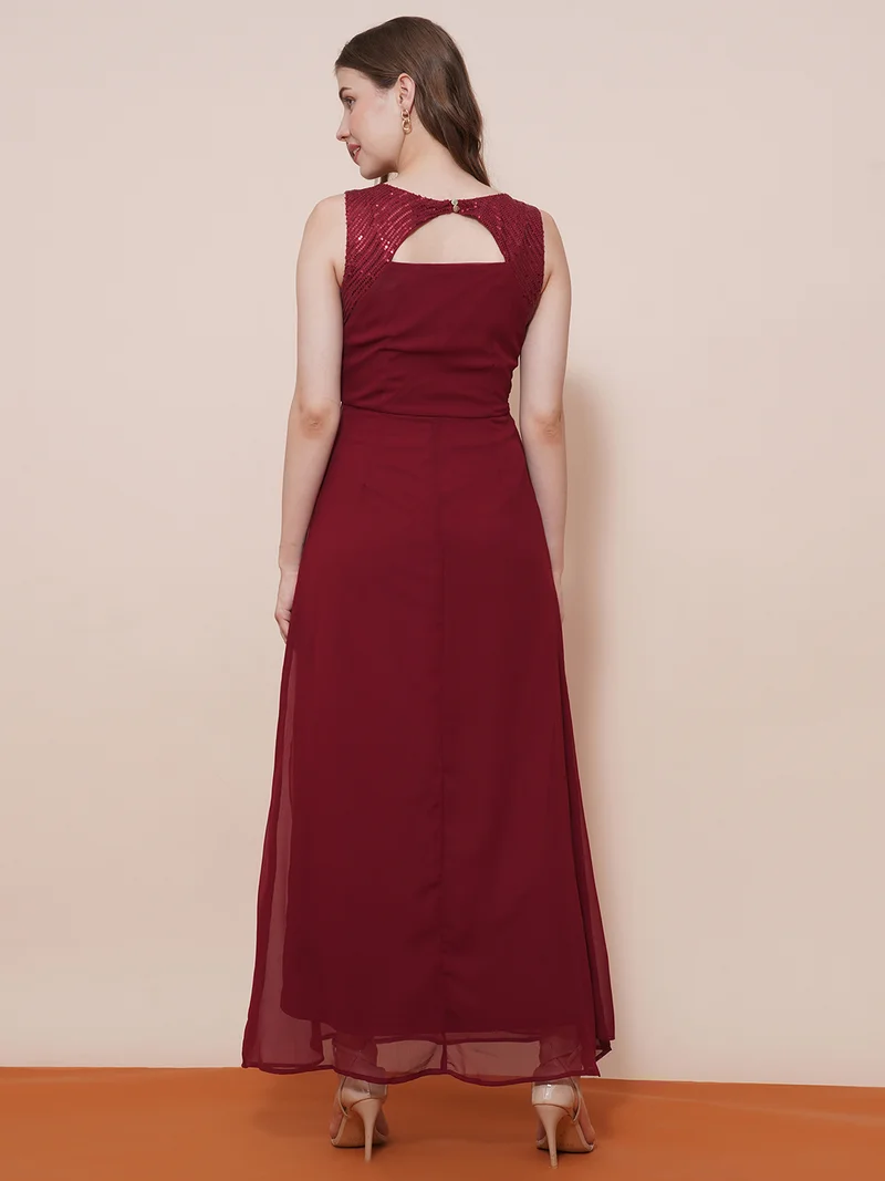 globus Women Maroon V-Neck Sequined Pintuck Fit & Flare Maxi Party Dress