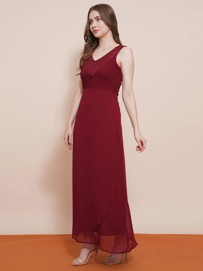 globus Women Maroon V-Neck Sequined Pintuck Fit & Flare Maxi Party Dress