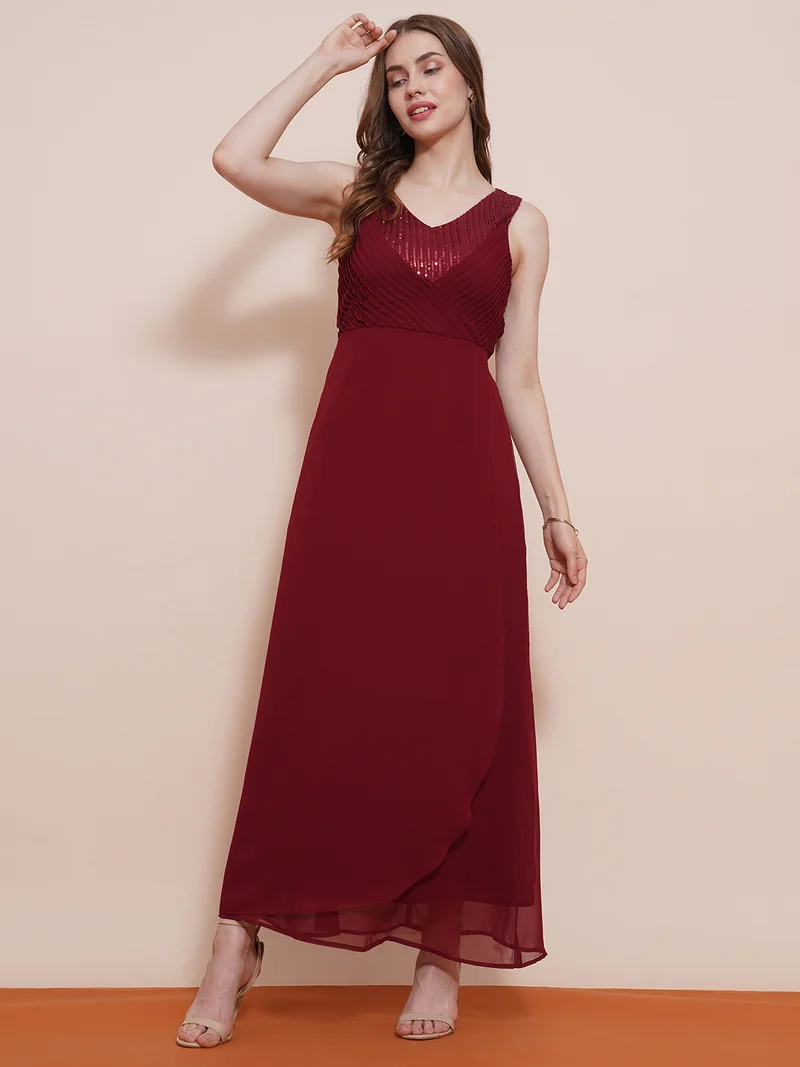 globus Women Maroon V-Neck Sequined Pintuck Fit & Flare Maxi Party Dress