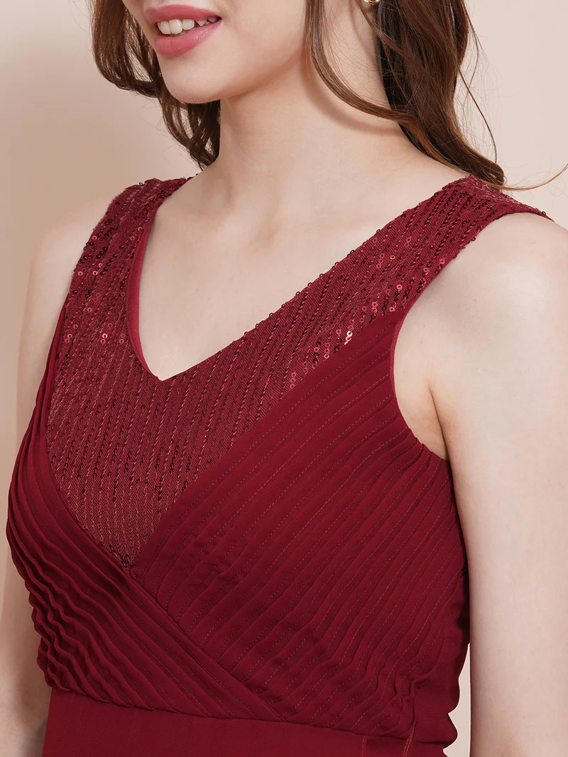 globus Women Maroon V-Neck Sequined Pintuck Fit & Flare Maxi Party Dress