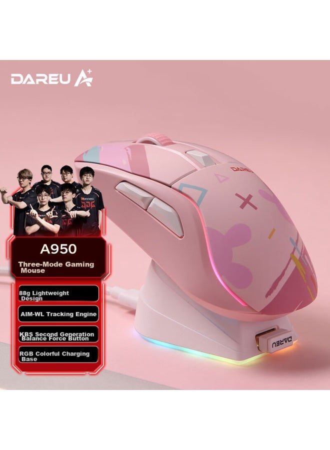 Daryo Dareu A950 Candy Pink, Suitable For Medium To Large Hands, Wireless 2.4g Wired Bluetooth Tri-mode, E-sports Gaming Mouse, Lightweight, Kbs2.0, Weight-sensing, Rgb, Rechargeable With Base - Image 1