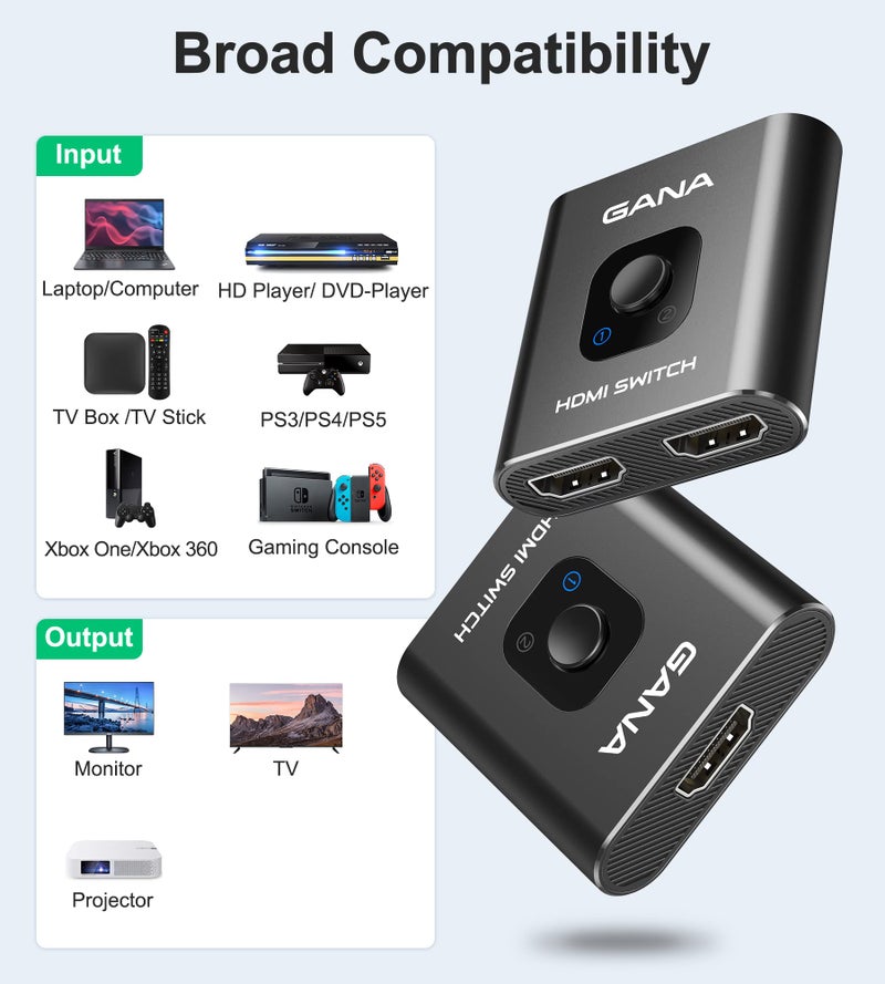 GANA HDMI Switch 4k@60hz Splitter, GANA Aluminum Bidirectional HDMI Switcher 2 in 1 Out, Manual HDMI Hub Supports HD Compatible with Xbox PS5/4/3 Blu-Ray Player Fire Stick Roku - Image 4