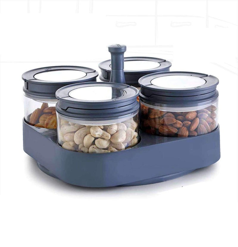 SYGNIUS masala container Airtight Unbreakable Polycarbonate Jar Set for Kitchen Storage of Spices Pickle and Dry Fruits with 360 Rotating Tray 4pcs 300 ML - Image 1