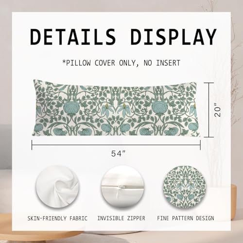 PIUD Vintage Green Floral 20x54 Body Pillow Cover, Cottagecore Room Decor, Retro Green Flowers Botanical Art Nouveau Decorative Long Body Pillow Cases for Bed Couch - Image 2