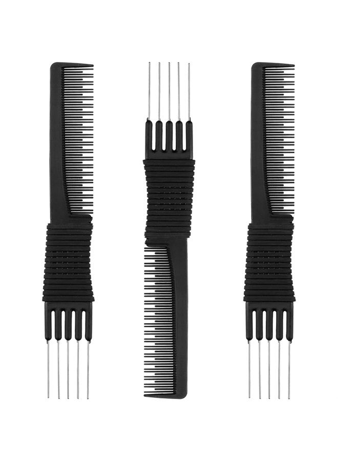 Leinuosen 3 Pack Black Carbon Lift Teasing Combs with Metal Prong, Salon Teasing Back Combs, Black Carbon Comb with Stainless Steel Lift (Style A) - Image 1