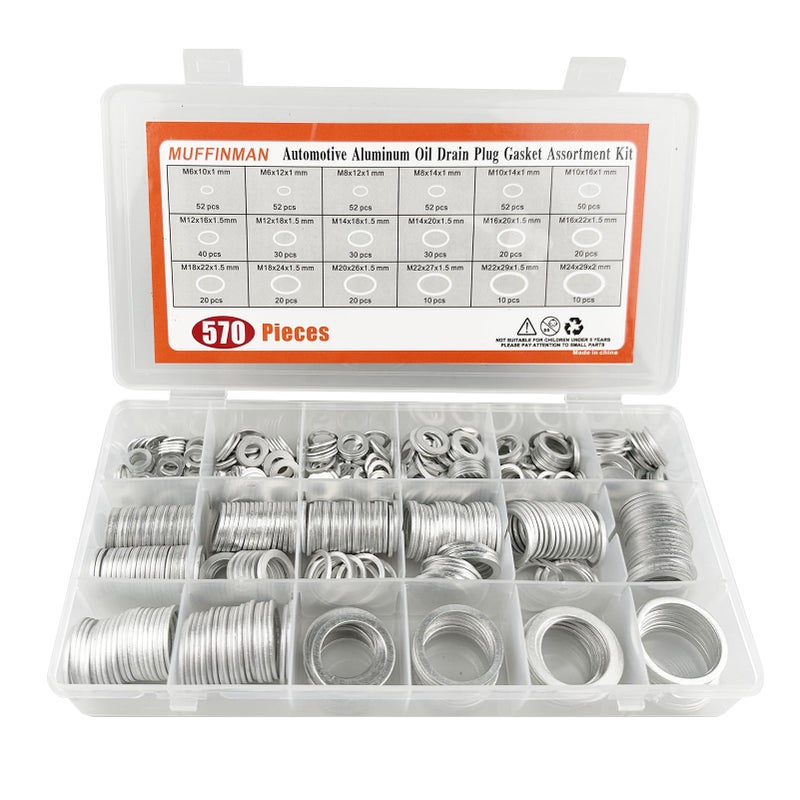 570 Pieces 18 Sizes Oil Drain Plug Gaskets Assortment KitOil Crush Washers Aluminum Flat Washers Assortment KitM6 M8 M10 M12 M14 M16 M18 M20 M22 M24
