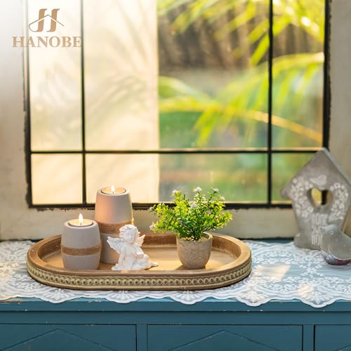 Hanobe Decorative Serving Tray Wood: Brown Bead Oval for Coffee Table Rustic Wooden Trays Decor Farmhouse Kitchen Counter Vintage Centerpiece Living Room Home Organizer, 15.15''x9.25''x1.18'' - Image 2