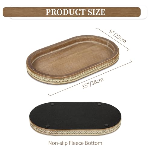 Hanobe Decorative Serving Tray Wood: Brown Bead Oval for Coffee Table Rustic Wooden Trays Decor Farmhouse Kitchen Counter Vintage Centerpiece Living Room Home Organizer, 15.15''x9.25''x1.18'' - Image 4
