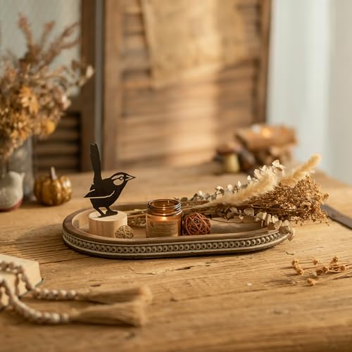 Hanobe Decorative Serving Tray Wood: Brown Bead Oval for Coffee Table Rustic Wooden Trays Decor Farmhouse Kitchen Counter Vintage Centerpiece Living Room Home Organizer, 15.15''x9.25''x1.18'' - Image 5