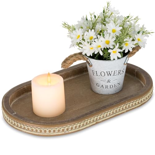Hanobe Decorative Serving Tray Wood: Brown Bead Oval for Coffee Table Rustic Wooden Trays Decor Farmhouse Kitchen Counter Vintage Centerpiece Living Room Home Organizer, 15.15''x9.25''x1.18'' - Image 1