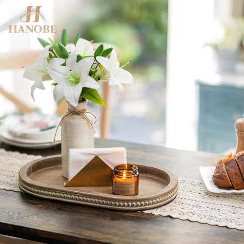 Hanobe Decorative Serving Tray Wood: Brown Bead Oval for Coffee Table Rustic Wooden Trays Decor Farmhouse Kitchen Counter Vintage Centerpiece Living Room Home Organizer, 15.15''x9.25''x1.18'' - Image 3