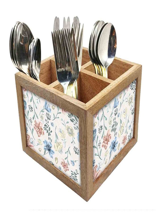 Nutcase Wooden Cutlery Stand Holder Silverware Caddy Spoons Forks Knives Organizer for Dining Table & Kitchen -Made in India-Spoons NOT Included - Cute Baby Flowers - Image 1