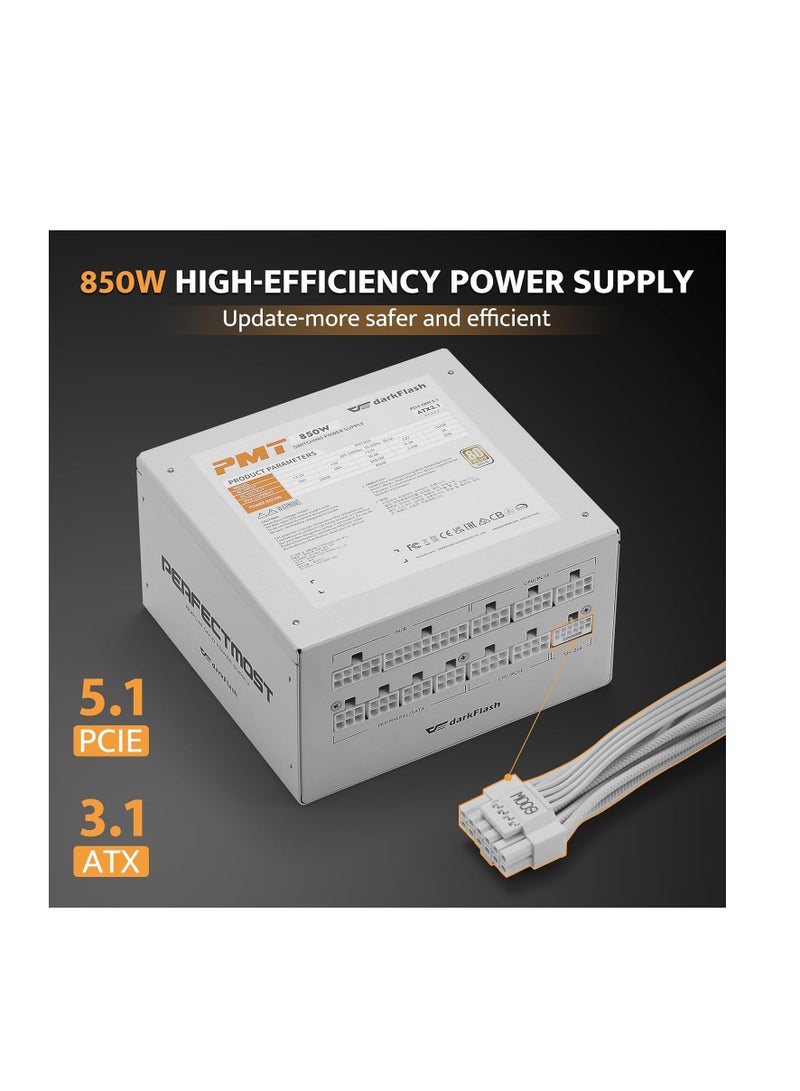 darkFlash PMT850 Fully Modular Power Supply ATX 3.1& PCIe 5.1 Ready, 12VHPWR Cable Included, 100% Japanese 105°C Capacitors, 80 Plus Gold Gaming PSU, Compact 150mm Size, 5 Year Warranty(White) - Image 2