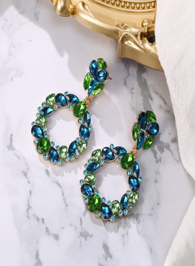 بريلوف أقراط بريلوف للعرائس، مرصعة بكريستال لامع على شكل دمعة، ماركيز، دائرية، متدلية، مناسبة لحفلات الزفاف والخطوبة، لون ذهبي، لون أزرق توباز - Image 3