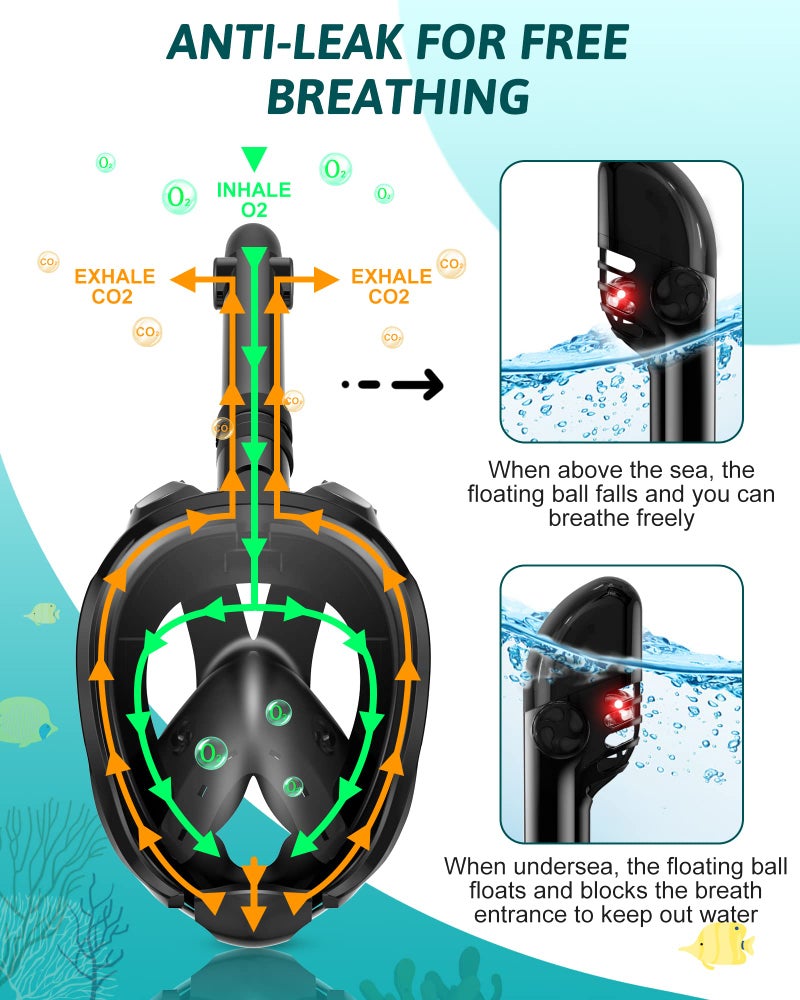 Viginsul Mask Fins Snorkeling Gear for Adults, Full Face Snorkel Mask & Adjustable Swim Fins Snorkel Set, Panoramic View Snorkel Mask Dry Top Anti-Fog Anti-Leak - Image 3