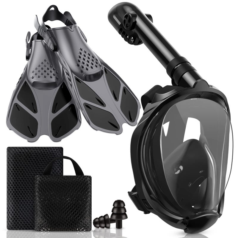 Viginsul Mask Fins Snorkeling Gear for Adults, Full Face Snorkel Mask & Adjustable Swim Fins Snorkel Set, Panoramic View Snorkel Mask Dry Top Anti-Fog Anti-Leak - Image 1
