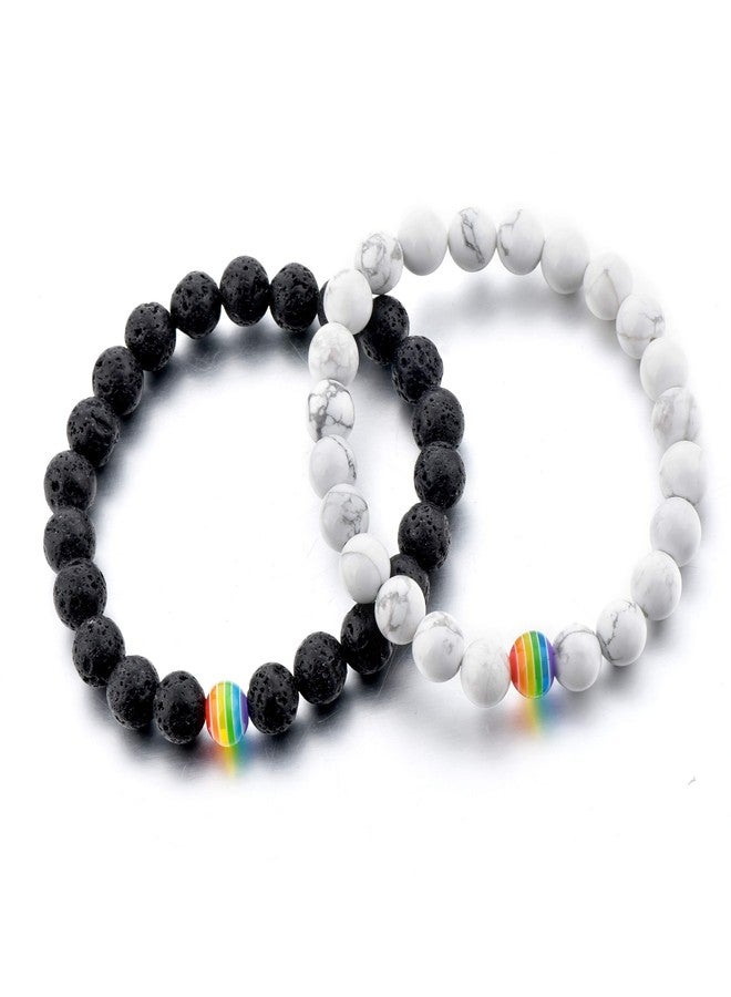 ZaneGear LGBT Relationship Bracelet | 2 Pieces | White Howlite, Black Lava Rock, Rainbow Resin | Oil Diffuser Beads | Gay Couples Strong Cord | Handmade | Love is Colorful - Image 1