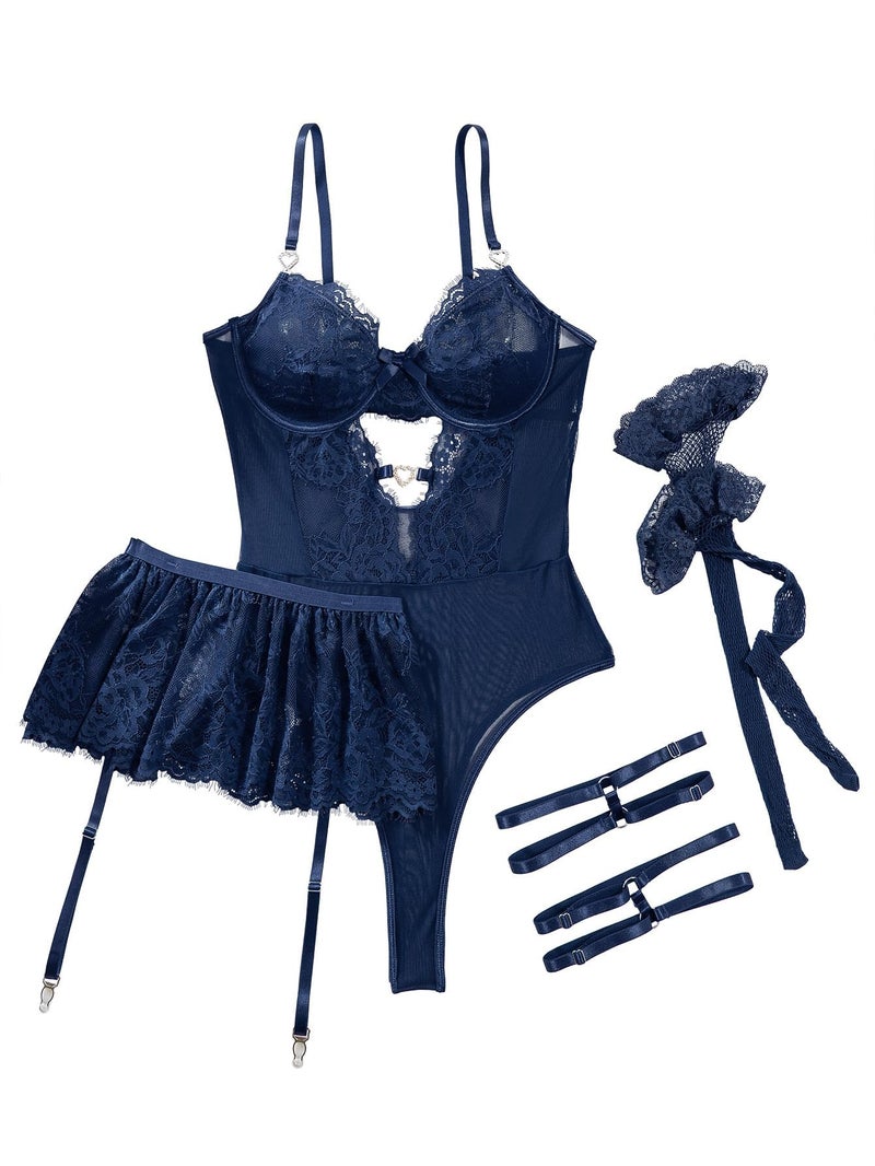 Lilosy Sexy Stocking Rhinestones Heart Garter Underwire Floral Mesh lace Sheer Babydoll Lingerie Teddy Bodysuit Skirt Set Women 2 3 Piece Push Up See Through Navy Blue Medium - Image 4
