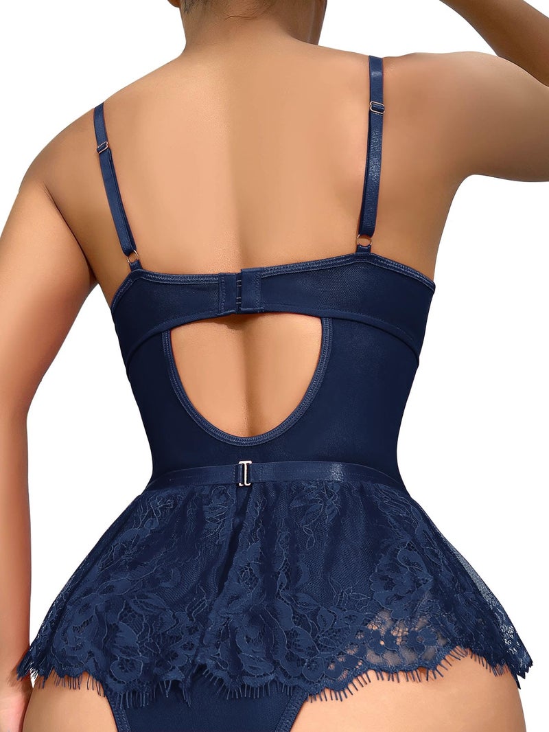 Lilosy Sexy Stocking Rhinestones Heart Garter Underwire Floral Mesh lace Sheer Babydoll Lingerie Teddy Bodysuit Skirt Set Women 2 3 Piece Push Up See Through Navy Blue Medium - Image 2