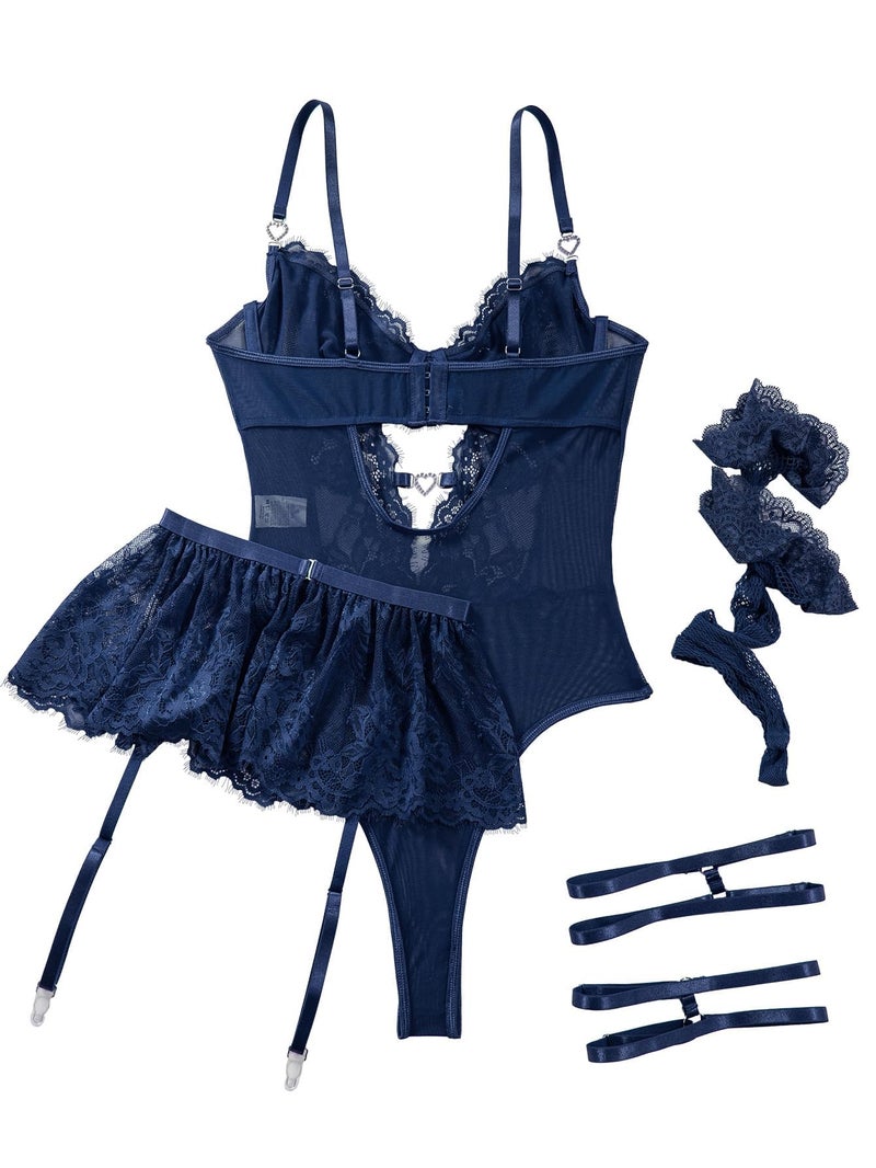 Lilosy Sexy Stocking Rhinestones Heart Garter Underwire Floral Mesh lace Sheer Babydoll Lingerie Teddy Bodysuit Skirt Set Women 2 3 Piece Push Up See Through Navy Blue Medium - Image 5