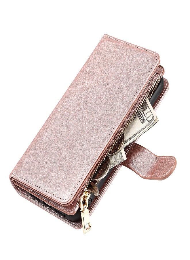 Jaorty Wallet Case Compatible with iPhone XR Case,[9 Card Slots] [Wrist Strap] [Stand Feature] Zipper Cash Pocket Magnetic Leather Cover Shockproof Slim Case for iPhone XR,6.1 inch Rosegold - Image 4