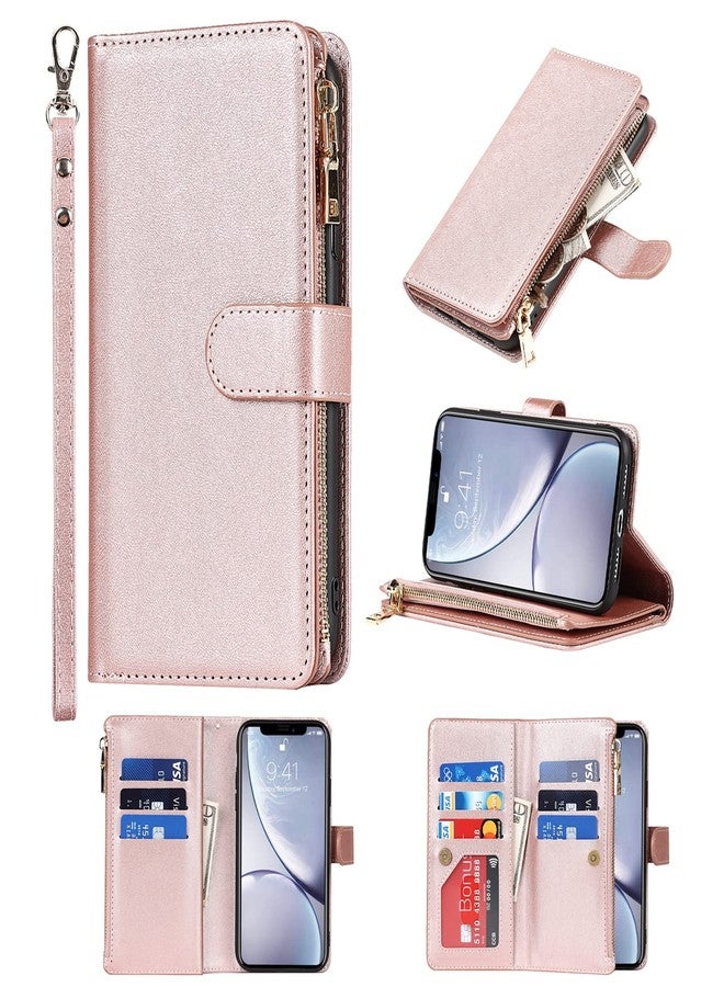 Jaorty Wallet Case Compatible with iPhone XR Case,[9 Card Slots] [Wrist Strap] [Stand Feature] Zipper Cash Pocket Magnetic Leather Cover Shockproof Slim Case for iPhone XR,6.1 inch Rosegold - Image 1