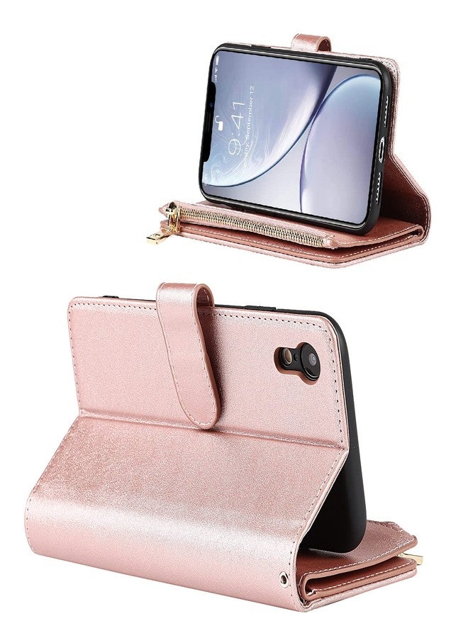 Jaorty Wallet Case Compatible with iPhone XR Case,[9 Card Slots] [Wrist Strap] [Stand Feature] Zipper Cash Pocket Magnetic Leather Cover Shockproof Slim Case for iPhone XR,6.1 inch Rosegold - Image 3