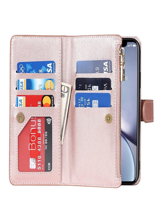 Jaorty Wallet Case Compatible with iPhone XR Case,[9 Card Slots] [Wrist Strap] [Stand Feature] Zipper Cash Pocket Magnetic Leather Cover Shockproof Slim Case for iPhone XR,6.1 inch Rosegold - Image 5