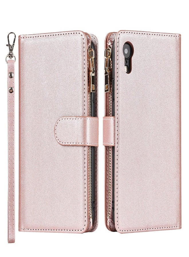 Jaorty Wallet Case Compatible with iPhone XR Case,[9 Card Slots] [Wrist Strap] [Stand Feature] Zipper Cash Pocket Magnetic Leather Cover Shockproof Slim Case for iPhone XR,6.1 inch Rosegold - Image 2