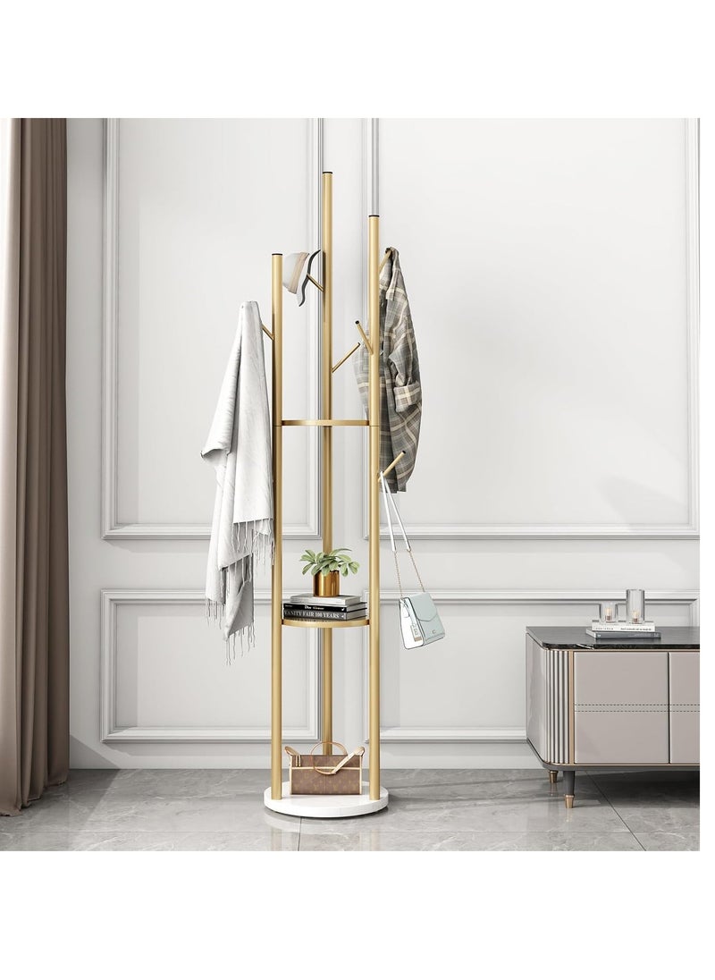 Arabest Coat Rack Stand, Rotary Coat Rack Freestanding with 3 Tier Storage Shelf 8 Hooks Hall Tree Standing Large Space for Hanging Hats Scarves Handbags Placing Books Plants  - Image 1