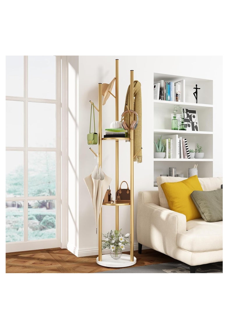 Arabest Coat Rack Stand, Rotary Coat Rack Freestanding with 3 Tier Storage Shelf 8 Hooks Hall Tree Standing Large Space for Hanging Hats Scarves Handbags Placing Books Plants  - Image 2