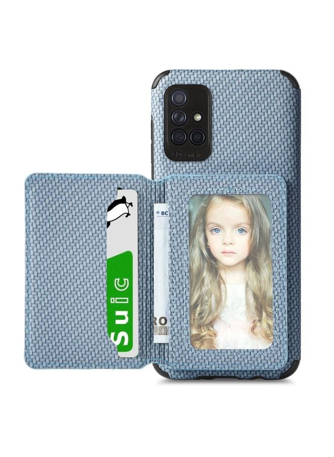 Generic Case Cover For Samsung Galaxy A51 5G Carbon Fiber Magnetic Card Bag TPU+PU Shockproof Back Cover Case with Holder & Card Slot & Photo Frame Blue 