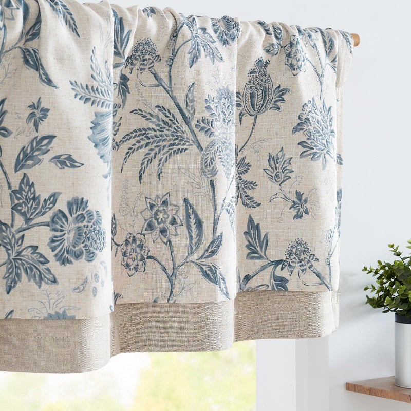 jinchan Floral Valance Curtain Linen Kitchen Valance for Windows 16 Inch Farmhouse Light Filtering Floral Short Window Treatment for Living Room 1 Panel Rod Pocket Double Layer Blue on Beige - Image 2