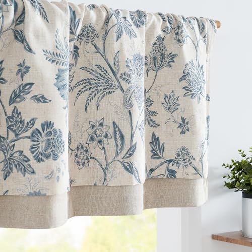 jinchan Floral Valance Curtain Linen Kitchen Valance for Windows 16 Inch Farmhouse Light Filtering Floral Short Window Treatment for Living Room 1 Panel Rod Pocket Double Layer Blue on Beige - Image 1