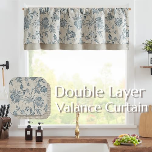 jinchan Floral Valance Curtain Linen Kitchen Valance for Windows 16 Inch Farmhouse Light Filtering Floral Short Window Treatment for Living Room 1 Panel Rod Pocket Double Layer Blue on Beige - Image 3