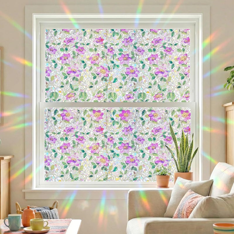 ADD.HERES Window Privacy Film Home Room Bathroom Spring Decor Car Decorations, Stained Glass Window Film, Static Cling Window Film, Window Tint，Rainbow Window Film (Clematis, 17.5" x 78.7") - Image 1