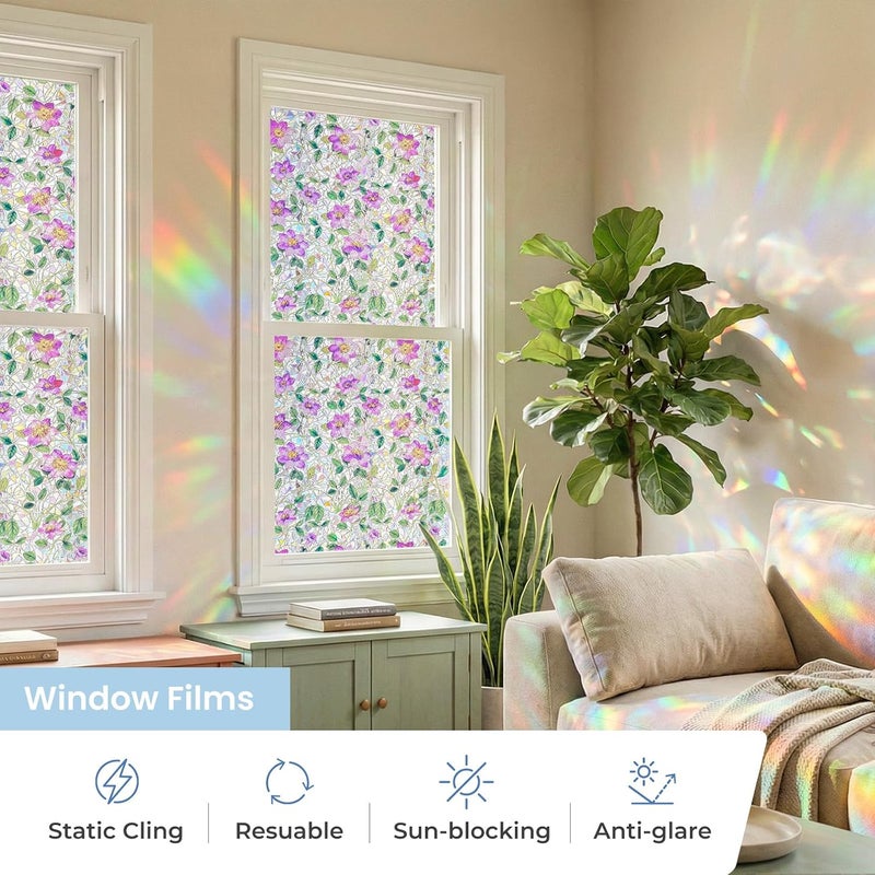 ADD.HERES Window Privacy Film Home Room Bathroom Spring Decor Car Decorations, Stained Glass Window Film, Static Cling Window Film, Window Tint，Rainbow Window Film (Clematis, 17.5" x 78.7") - Image 3