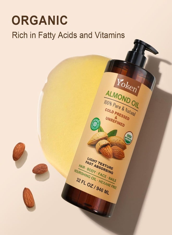 Yoken Organic Almond Oil 32 oz - 100% Pure & Natural USDA Certified Cold Pressed Carrier Oil for DIY Beauty - Unscented, Hexane Free Lightweight & Silky Moisturizing Body Oil - Image 2