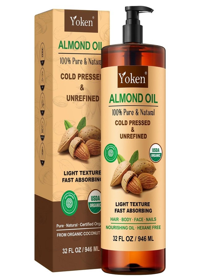 Yoken Organic Almond Oil 32 oz - 100% Pure & Natural USDA Certified Cold Pressed Carrier Oil for DIY Beauty - Unscented, Hexane Free Lightweight & Silky Moisturizing Body Oil - Image 1