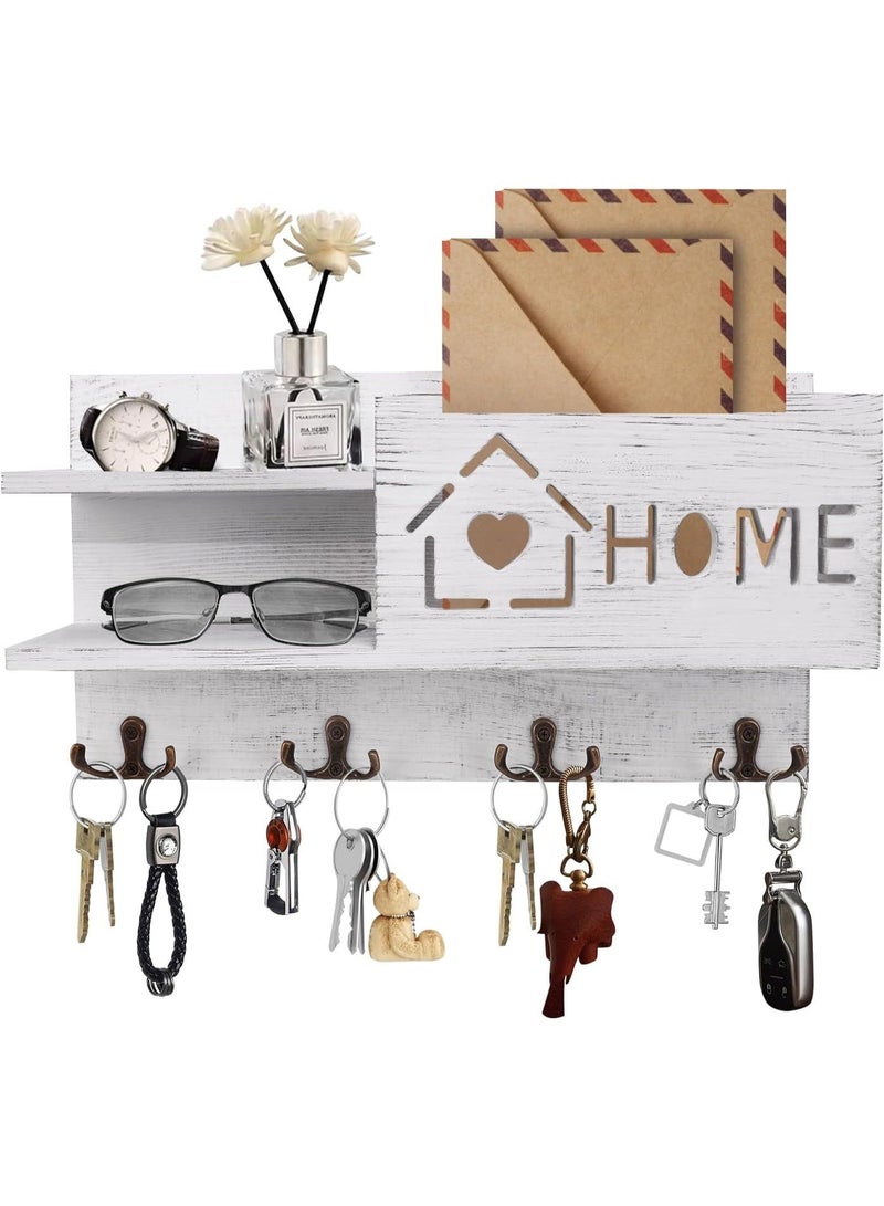 Gocokia Mail and Key Holder for Wall Decorative, Wooden Mail Organizer with 4 Double Key Hooks, Wall Mounted Key Hangers with Mailbox, Home Decor for Entryway (White) - Image 1