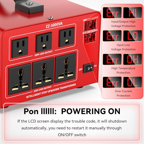 OLTEANP 5000 Watt Voltage Converter Transformer Heavy Duty Step Up/Down Power Converter 220V to 110V, 110V to 220V with 3 US Outlets, 3 Universal Outlets, LCD Display, Circuit Breaker Protection - Image 3