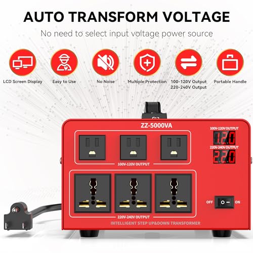 OLTEANP 5000 Watt Voltage Converter Transformer Heavy Duty Step Up/Down Power Converter 220V to 110V, 110V to 220V with 3 US Outlets, 3 Universal Outlets, LCD Display, Circuit Breaker Protection - Image 2