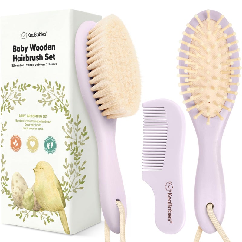 KeaBabies Baby Hair Brush and Comb Set for Newborn - Wooden Baby Hair Brush Set with Soft Goat Bristle, Baby Brush Set for Newborns, Baby Brush and Comb Set Girl, Boy, Toddler Cradle Cap Brush (Oval, Thistle) - Image 1